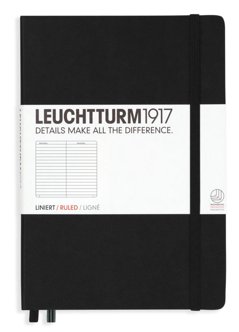 Front view of the Leuchtturm1917 A5 Medium size ruled notebook in the classic Black colour.